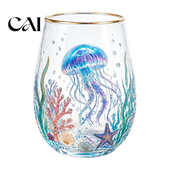 Birthday Souvenir for Ocean Lovers Ocean-Themed Glass Cup, Jellyfish/Dolphins/Sea Turtles/Octopus Hand-Painted, Thickened Drinking Creative Jellyfish