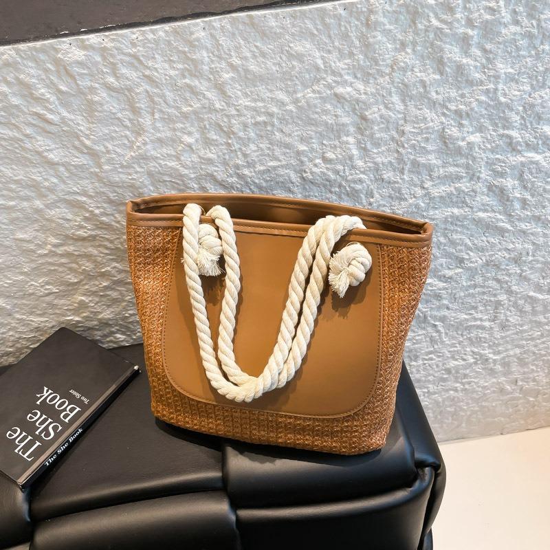 Straw Large Capacity Fashion Splicing Tote Bag Summer Commuter Shoulder Underarm Bag Tote Bag