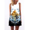 European Station European and American new retro digital printing round neck hot-selling off-the-shoulder medium and long vest dress