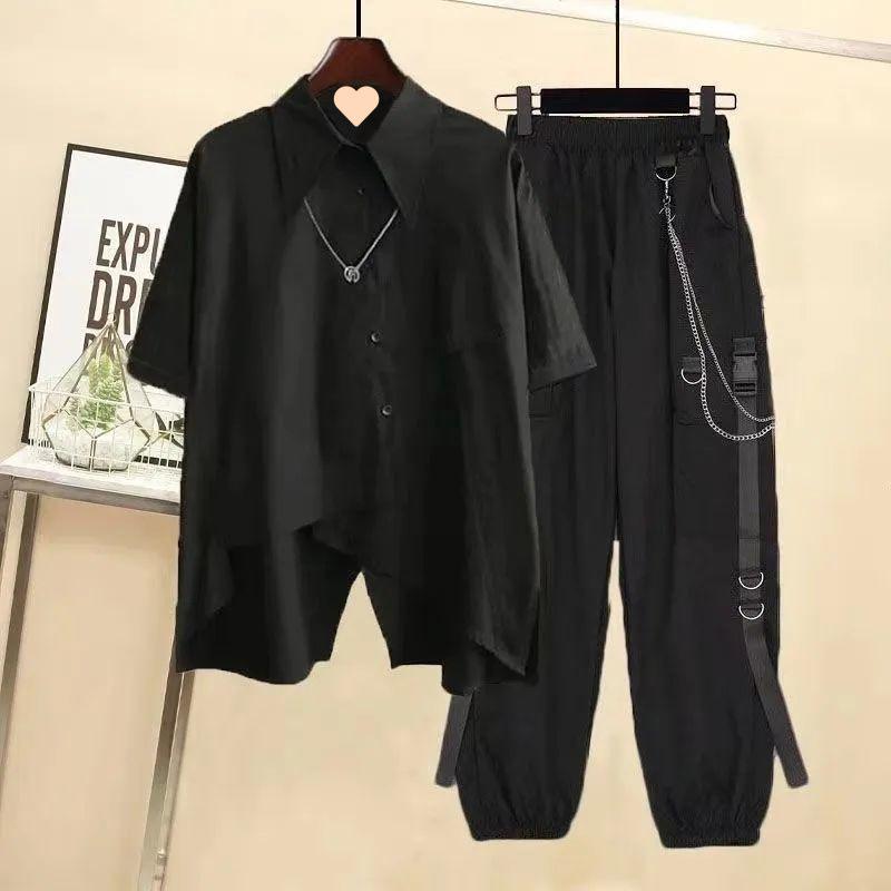 Women's Men's Summer Korean Version of The Loose Design Casual Suit Short-sleeved Shirt Handsome Overalls Two-piece Suit
