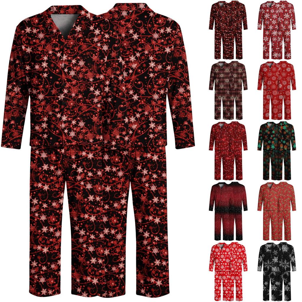 Men's Christmas Pajama Set with Button Down Shirt and Straight Leg Pants, Casual Print Sleepwear Two Piece Outfit, Festive Holiday Loungewear