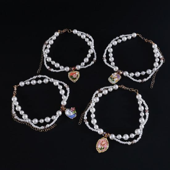 Faux Pearl Pet Collar for Dogs Cats Double-layer Beaded Necklace with Enamel Pendant for Pet Dress-up Jewelry Accessories