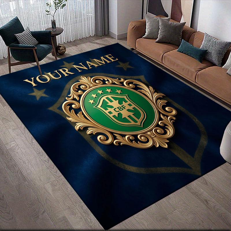 Custom Name,Brazil National Football Team Home Sofa Decoration for Living Room & Bedroom, Non‑Slip Play Flannel Floor Mat for Game Room