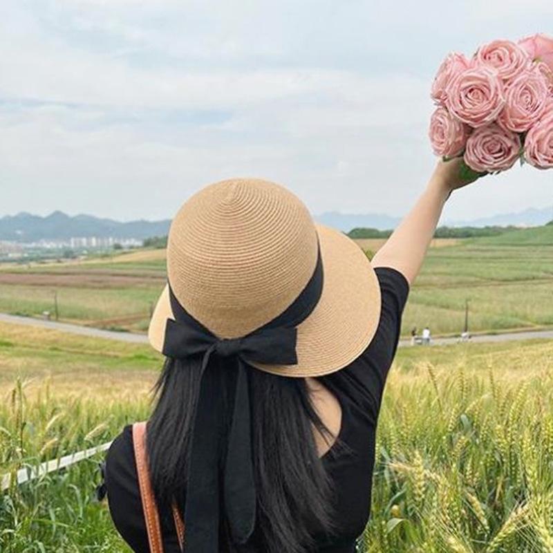 Large Brim Sun Hat Children'S Summer French Elegant Bow Webbing Straw Hat Versatile Sunscreen Visor