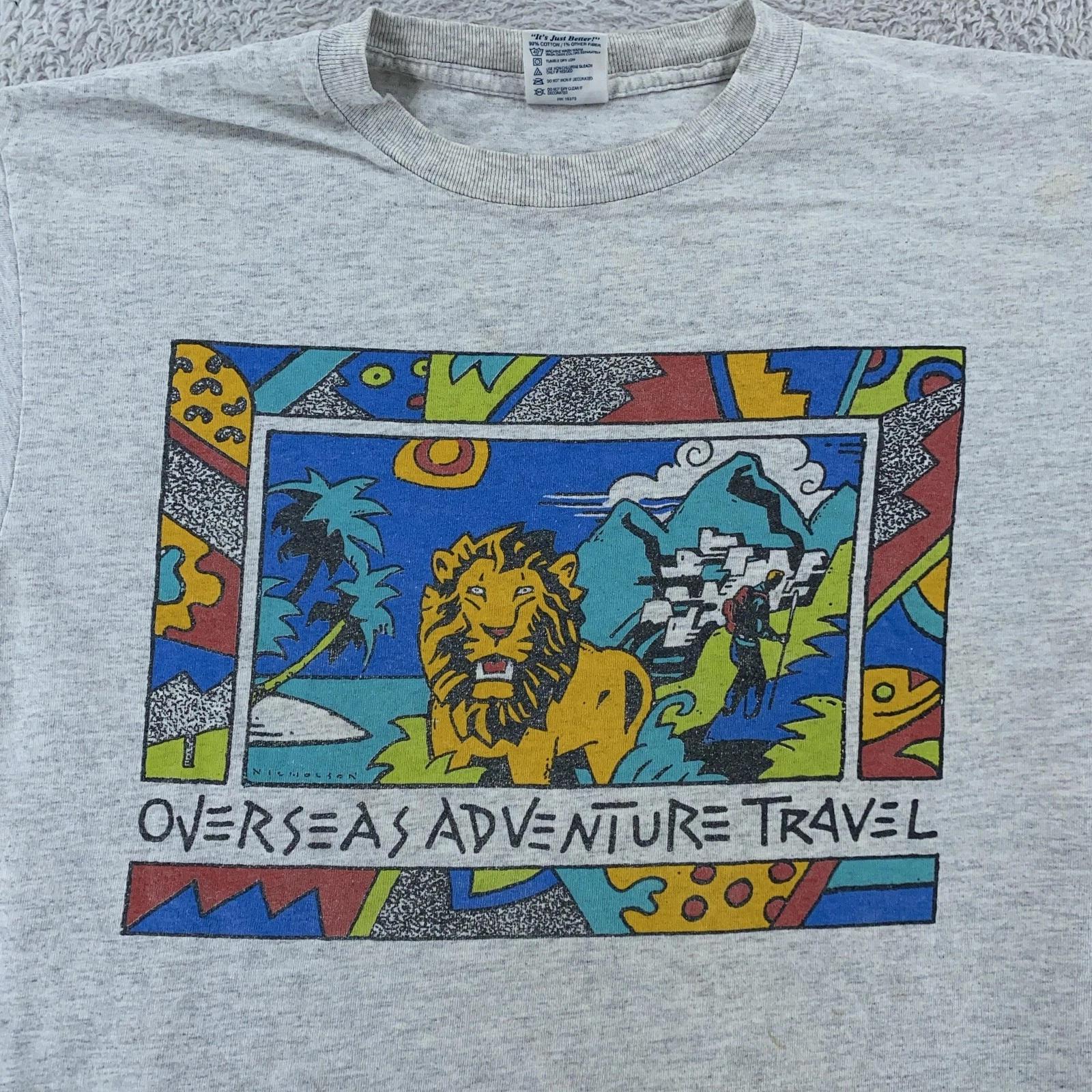 

Vintage Overseas Adventure Travel T-Shirt Small Lion Nature Hiking Art Tee 90s S