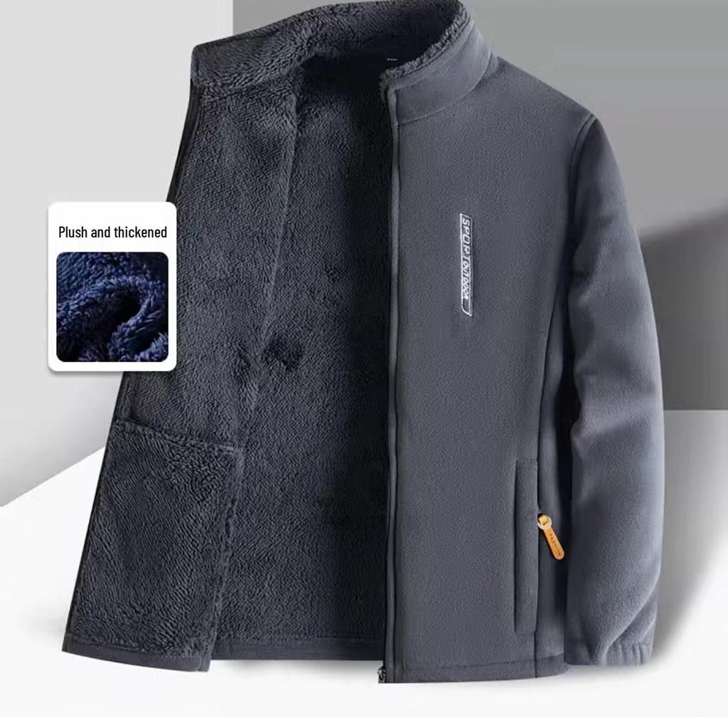 Plus Size Men's Outdoor Jacket - Thickened Velvet Lining, Solid Color, Autumn/Winter Casual Fleece