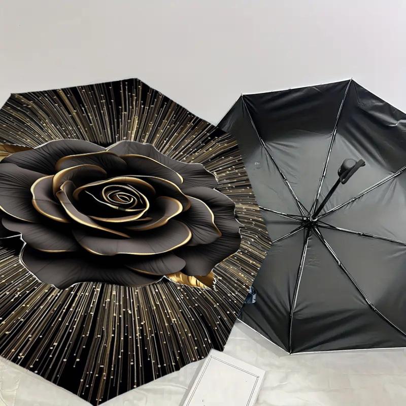 1pc Black Rose Golden Sparkles Automatic Open/Close Umbrella Compact Folding Umbrella with 8-Rib Shaft for Women/Men, Elegant Birthday1124S