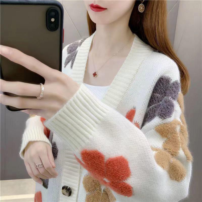 Large Size Sweater Coat Women Autumn Flower Loose Comfortable Stretch Cardigan Pocket Casual Knitted Jacket