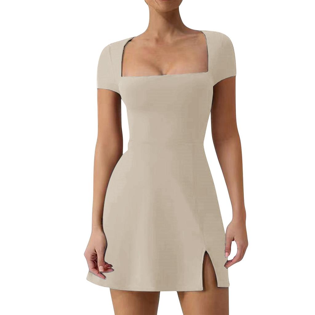 Damen V-Ausschnitt Miederkleid Kurzarm Tank Top Stretch Kleider