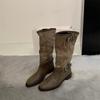 Autumn and winter new retro metal buckle matte stacking boots thick heel round head medium tube boots handmade boots