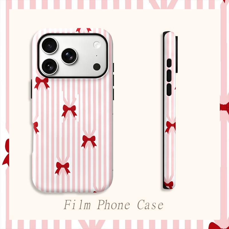 Precious Sweet Pink Striped Red Bow Pattern Film Aesthetic Protective Shockproof Bumper Phone Case For iPhone 13 14 15 16 17 Pro Max Plus
