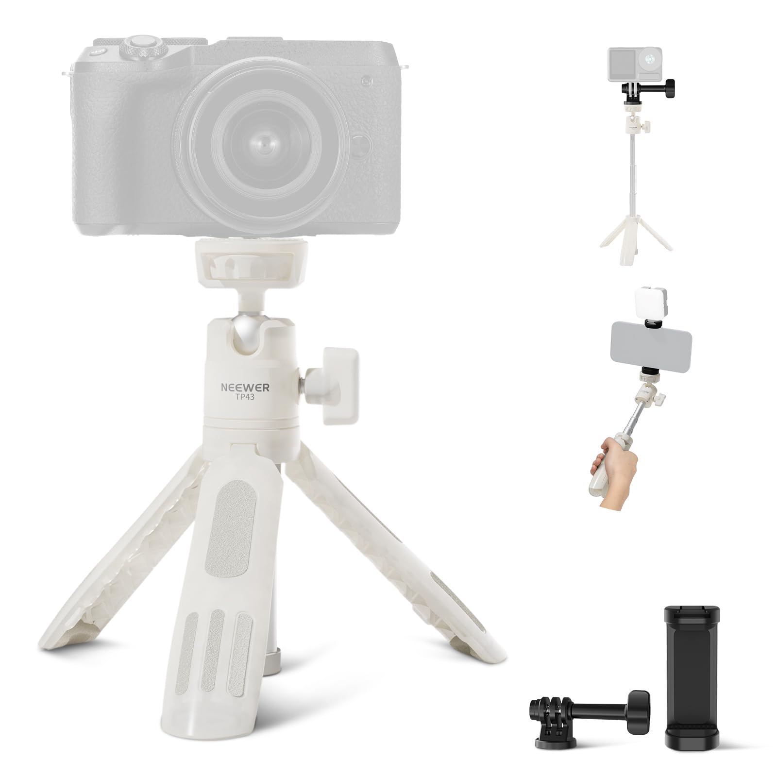 

NEEWER Mini Tabletop Compatible with Ball Head with Adjustable Height Center Selfie Portable Compact Tripod Stand for and Action TP43 White Tripod,