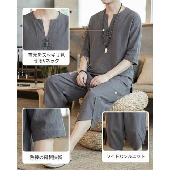 Foveitaa summer clothes mens loungewear Japanese style clothing T-shirt three-quarter sleeves linen shirt short set tops half pants shorts V-neck