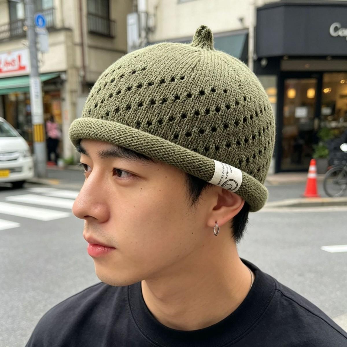 Charm Clothings Men's Light Green Knitted Landlord Hats, And Wo's Four-Season Hollow Breathable Melon Fur Hats, Fashionable Ruffian Handsome Street Curling Trendy Hats 56-58Cm