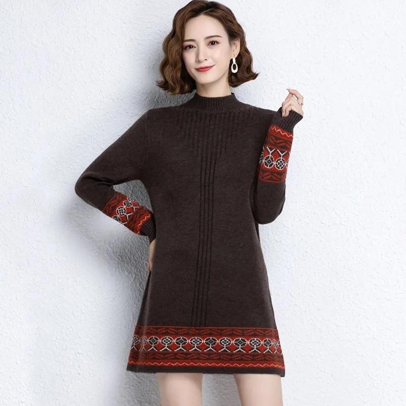 Autumn&Spring Half High Neck Knitted Sweater Dress Women's Loose Long Pullover Ethnic Style Retro Bottom Shirt Female