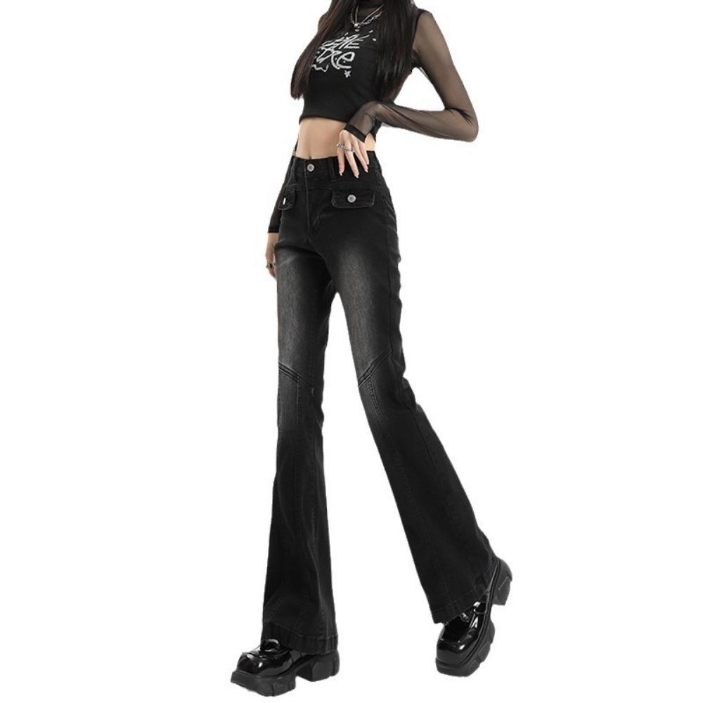 American personalized high-waisted design slightly pulled jeans women's spring and autumn new slim-fitting versatile bell pants