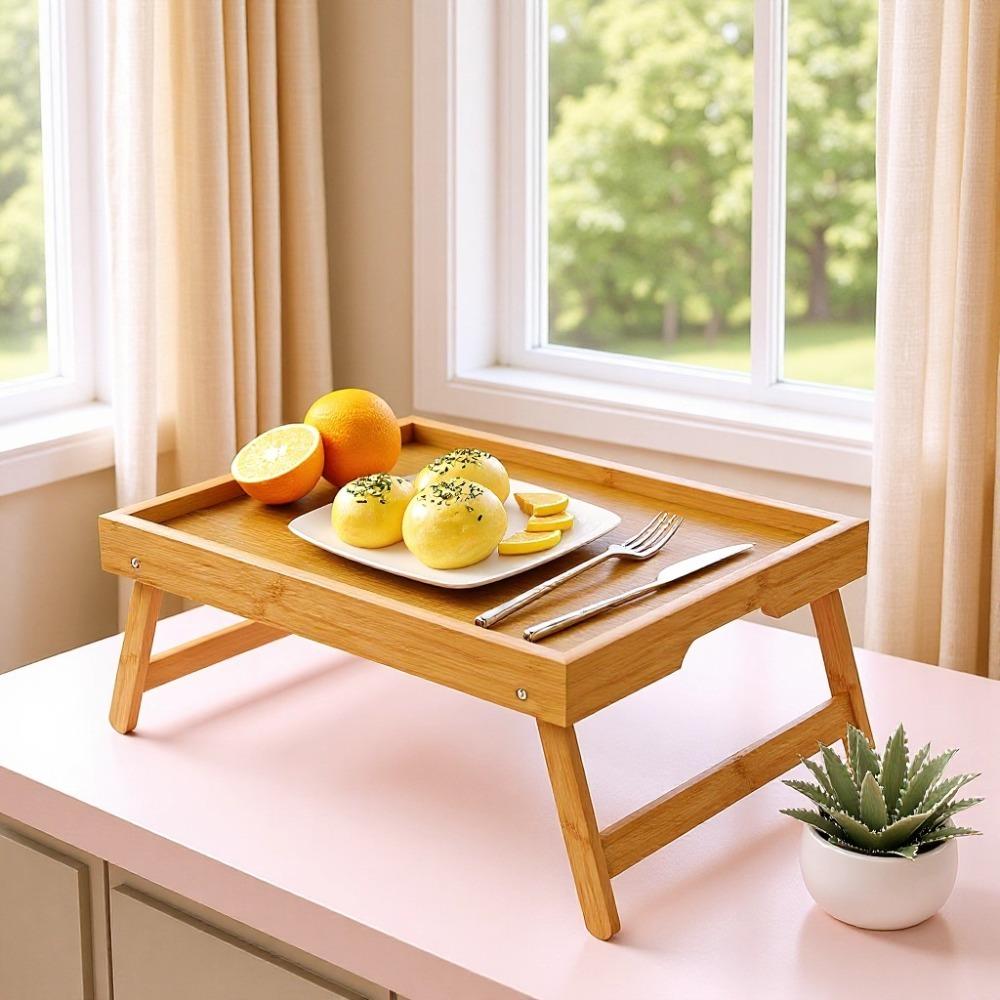 Natural Bamboo Bed Brunch Serving Tray Concealed Handle Bed Laptop Tray  Bedroom