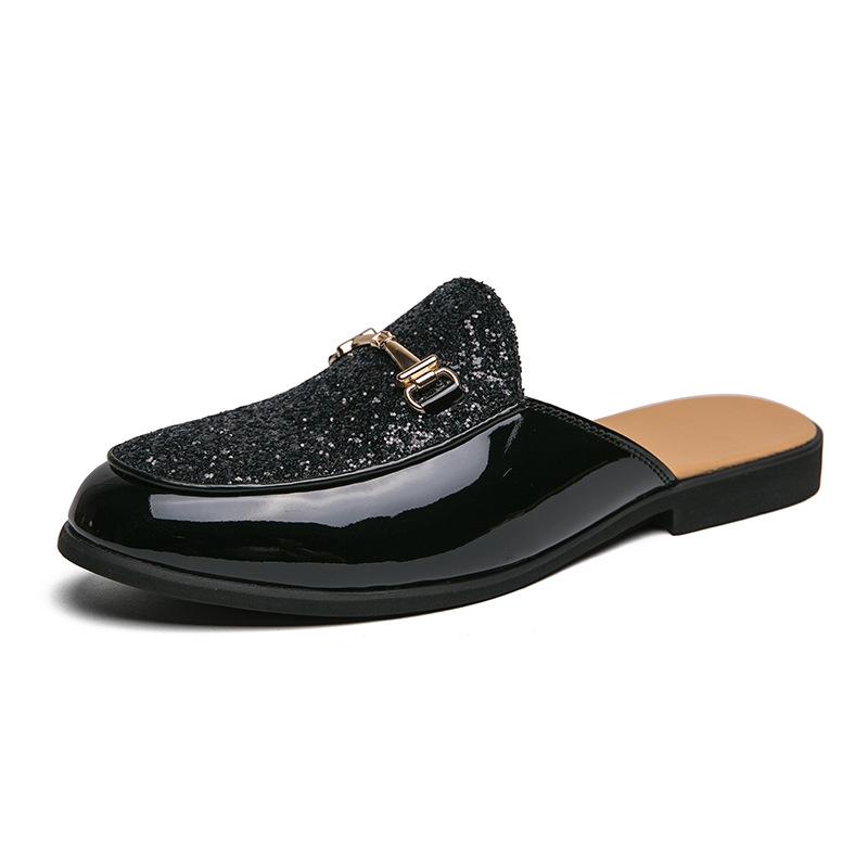 

Примерочная блестки полуперетягивающиеся маленькие кожаные туфли 2024 лето новая мужская одежда дышащая ленивая однопедальная повседневная обувь 38 чёрный