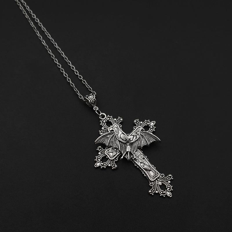 Large Bat Cross Necklace Pendant Floral Filigree Victorian Vintage Gothic Style Great Gift for Her Protection Amulet