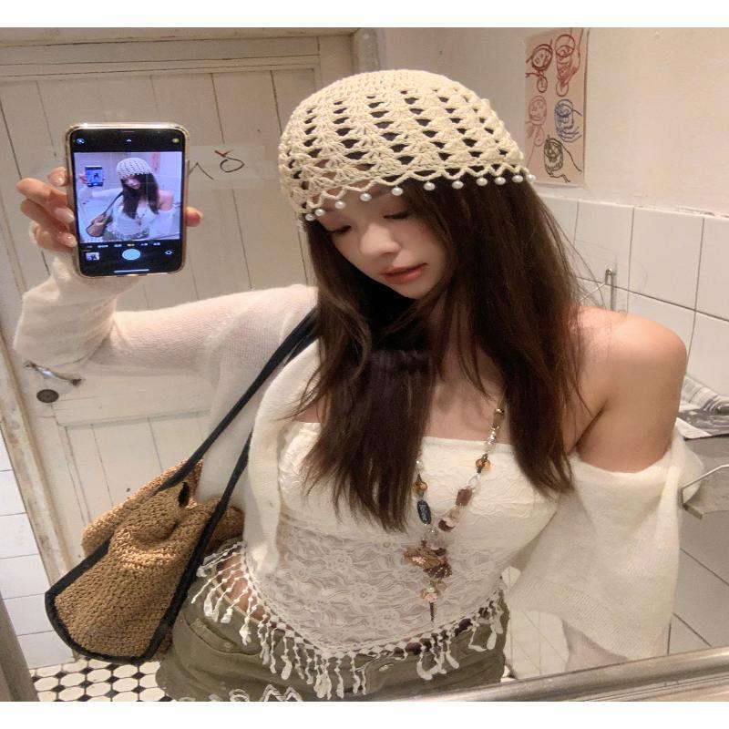Beige Handmade Crochet Hat Hollow Out Design Faux Pearl Accents Perfect For Boho Daily Wear Vacation Trips