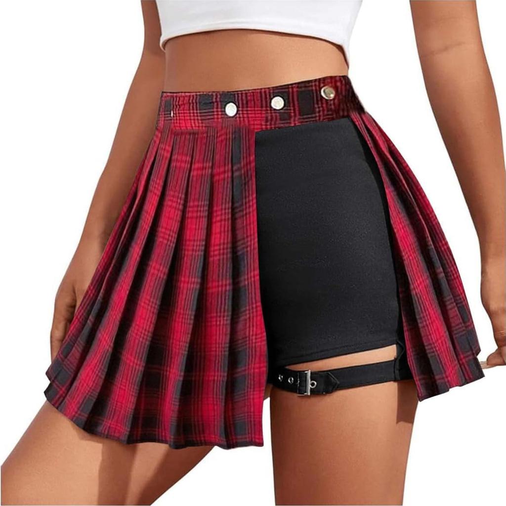 Women's Black Sexy Leg Ring Skirt Pleated Skirt Short Skirt
