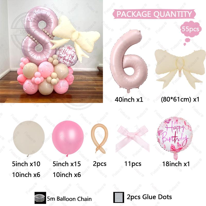 55PCS Pink Bow Theme Bouquet Balloon Set with 40inch Pink Number Girl First Birthday Party Decoration Baby Shower Helium Globos