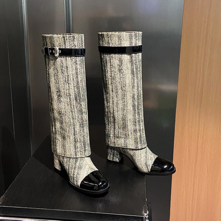 Módní značka Hovězí kůže+denim Kožená přezka Dlouhé kozačky Podzim Zima Kořeněné dívky 5,5cm Vysoké podpatky Módní Kozačky po koleno Dámské Denimové kozačky 44