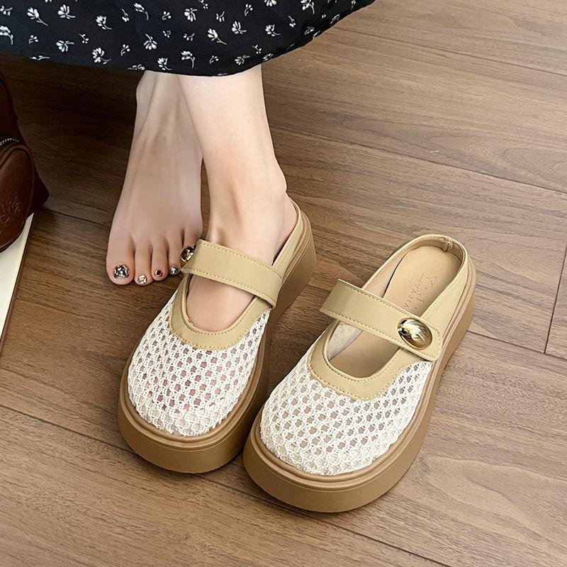 Thick-bottomed Mesh Breathable Bag Head Half Slippers Women's Outer Wear 2025 New Summer Fashion One Pedal with Skirt Sandals