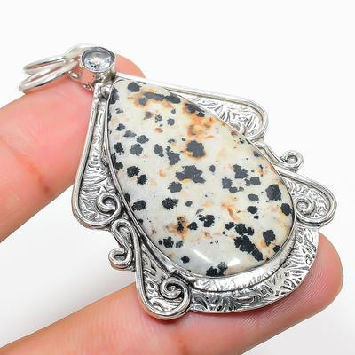 Natural Dalmation Jasper, White Topaz 925 Sterling Silver Pendant 2.56" Q2d97
