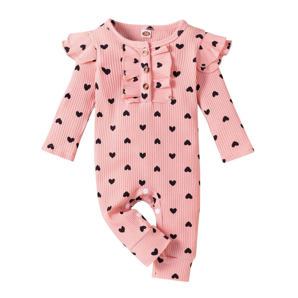 Girls' Cotton Ribbed Heart Print Bodysuit - Spring/Autumn Style
