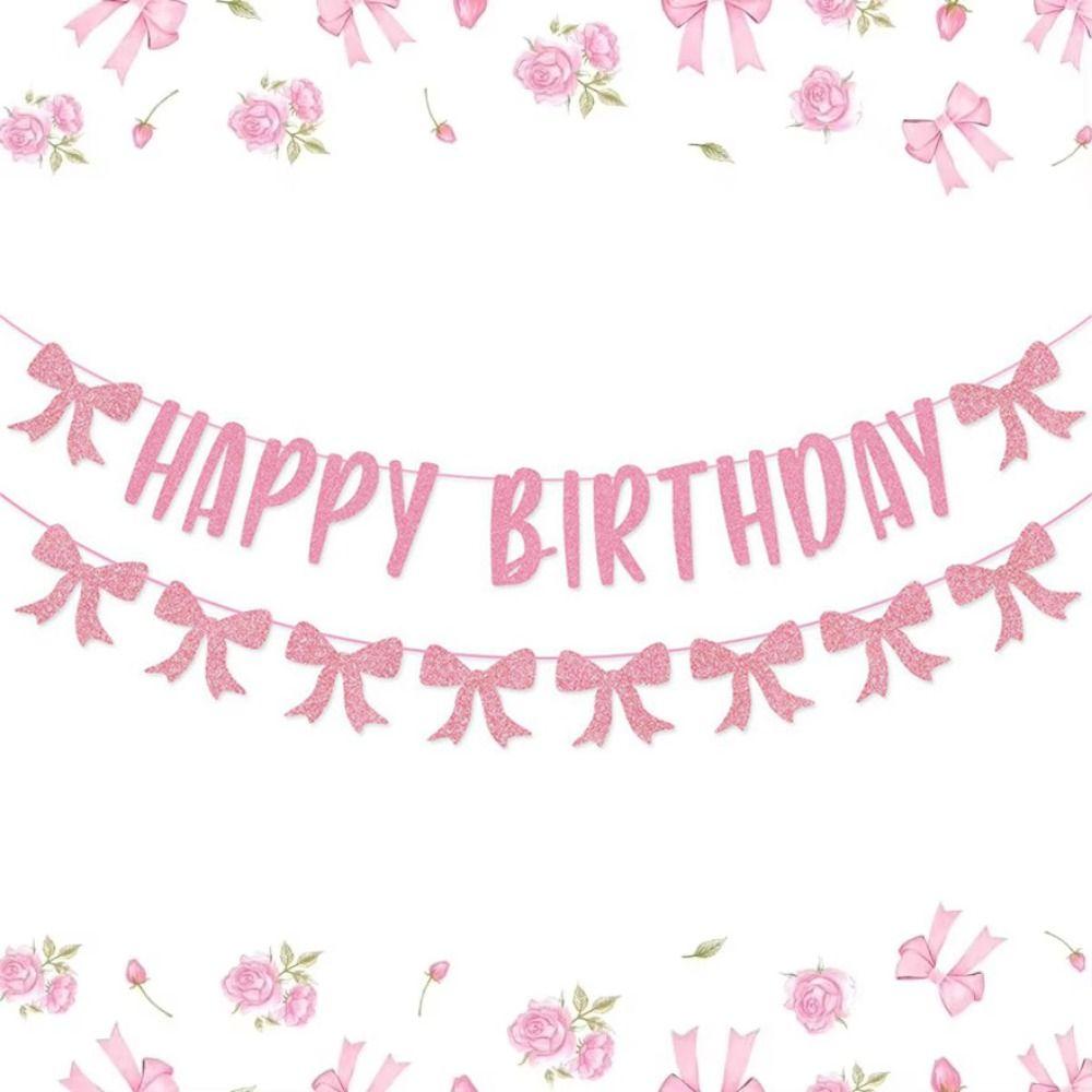 

Cute Happy Birthday Banner Pink Bow Pink Glittler Backdrops Engagement