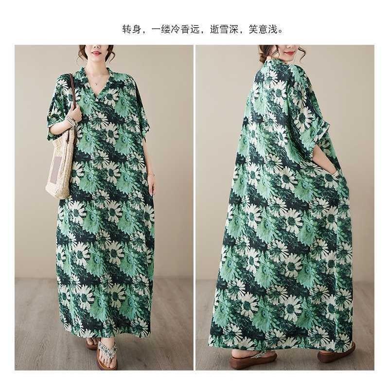 V-neck Thin Plus Size Loose Vintage Cover-up Long Dress