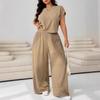 Women's Khaki Waffle Knit Short Sleeve Top And Wide Leg Pants 2 Piece Set