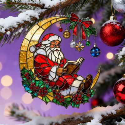Cozy Santa Reading On Moon Suncatcher Christmas Stained Glass Look Window Hanging Ornament with Berries Bow for Holiday Window Wall Decor