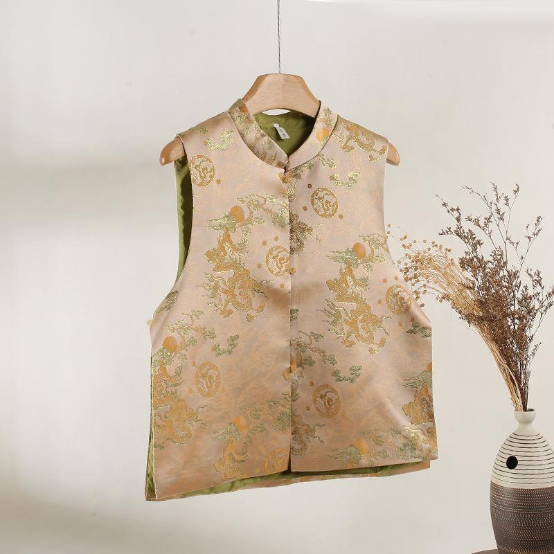 Gold Thread Dragon and Phoenix Jacquard Vest Stand-up Collar Cardigan Retro Elegant Dignified Vest Female