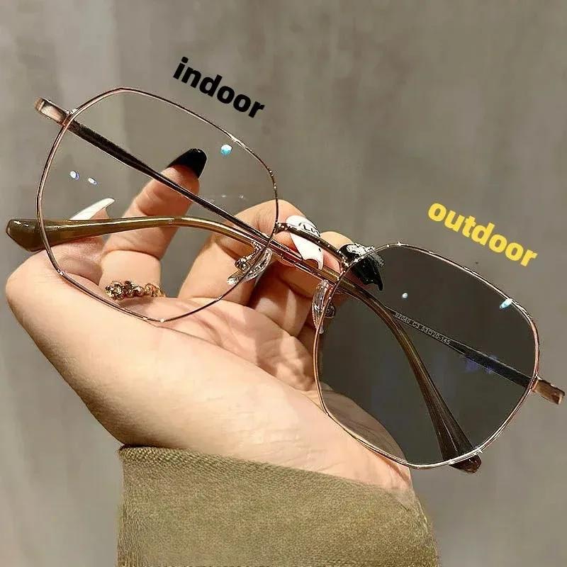 Gold Wire Large Frame Outdoor Smart Sunglasses Photochromic Myopia Glasses Women Men Minus Sight Eyeglasses Degree 0 To -4.0