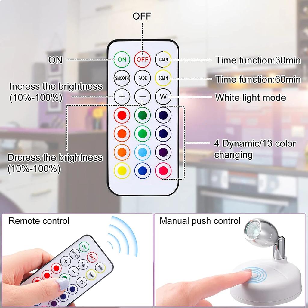 2Pack Remote Wireless LED Spotlights Rotatable Accent Lights Battery Powered Puck Picture Lights Indoor Closet Lights Wall Lamp