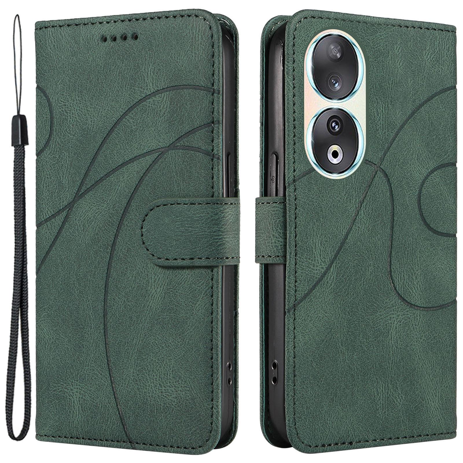 

For Honor 90 Anti-Scratch PU Leather Shell Imprinted Curved Line Wallet Stand Cell Phone Case Green