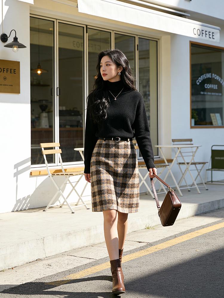 Feiyuan Women's Retro Plaid Wool Midi Skirt with Belt - Stylish Korean Pencil Skirt for Early Spring