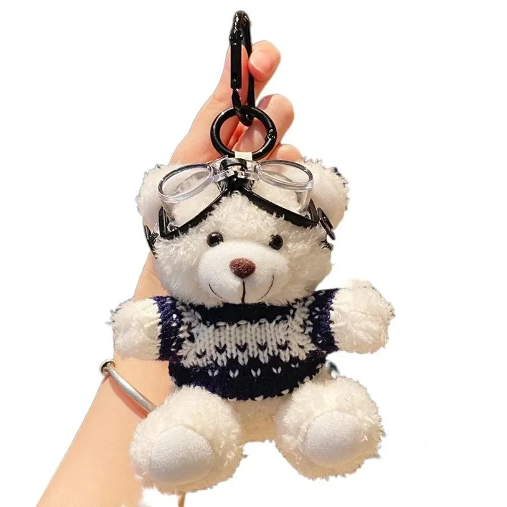 Kawaii Goggles Pilot Bear Keychain Bell Hanging Rope Plush Bear Key Ring Pink Heart Stuffed Animal Pendant Men