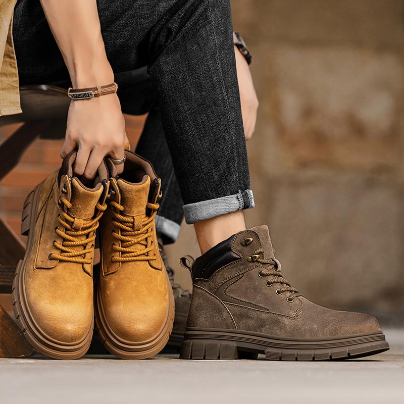 Spring and Autumn Men's Round Toe Shoes Are Fashionable Cool Trendy Versatile High-quality Casual Leather Lace Up High Top Shoes