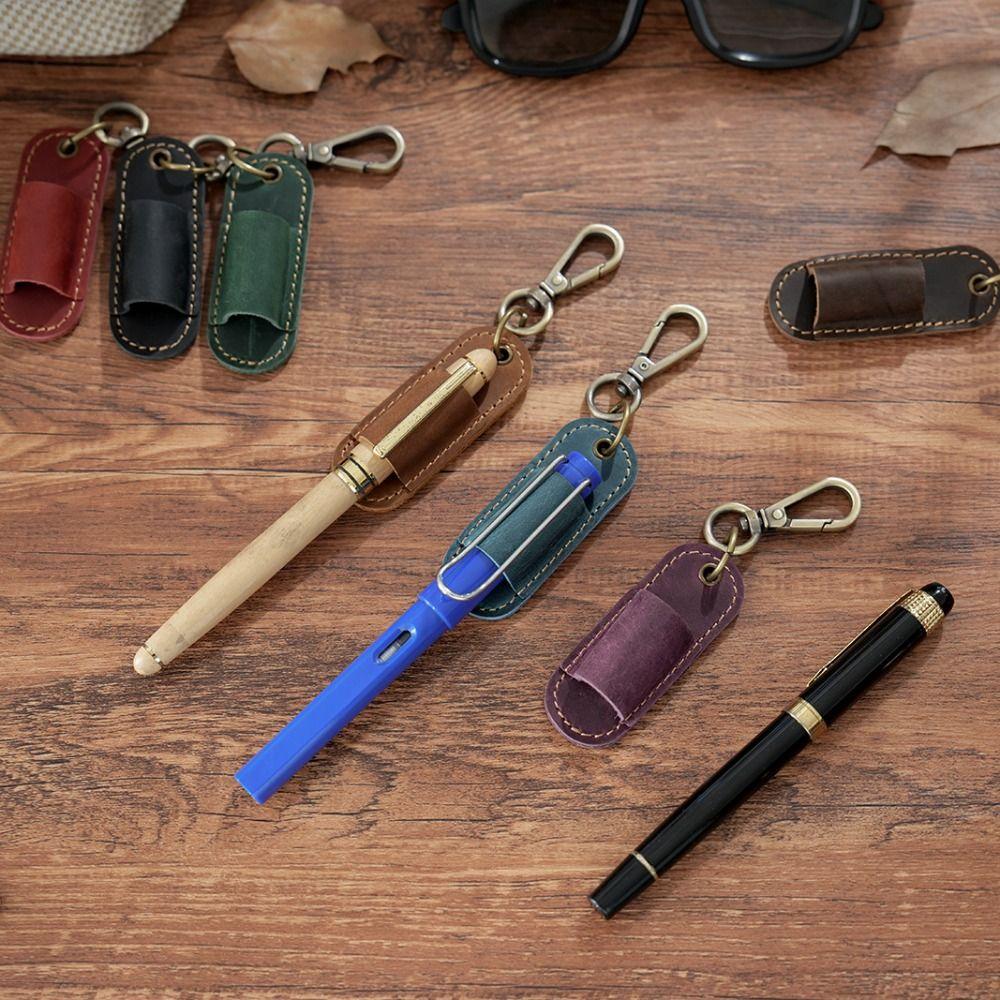 Luxury Pen Holder Keychain Portable Pen Pouch Keychain Genuine Leather Pen Case  School Supplies