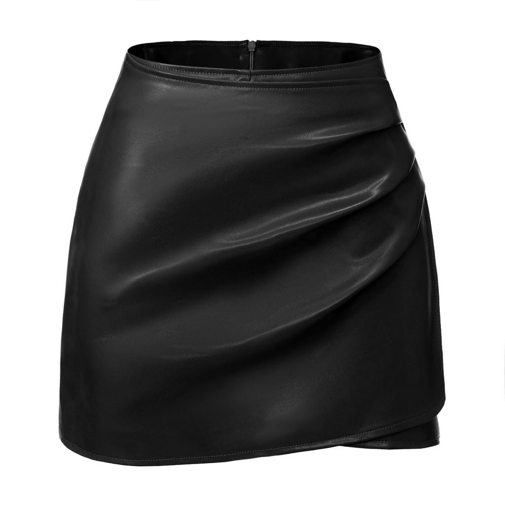 Women's Casual Ruched Faux Leather Mini Skirt High Waisted Asymmetrical Hem A-line Dressy Wrap Skort Shorts for Women Fall Casual Work PU Short Skirts