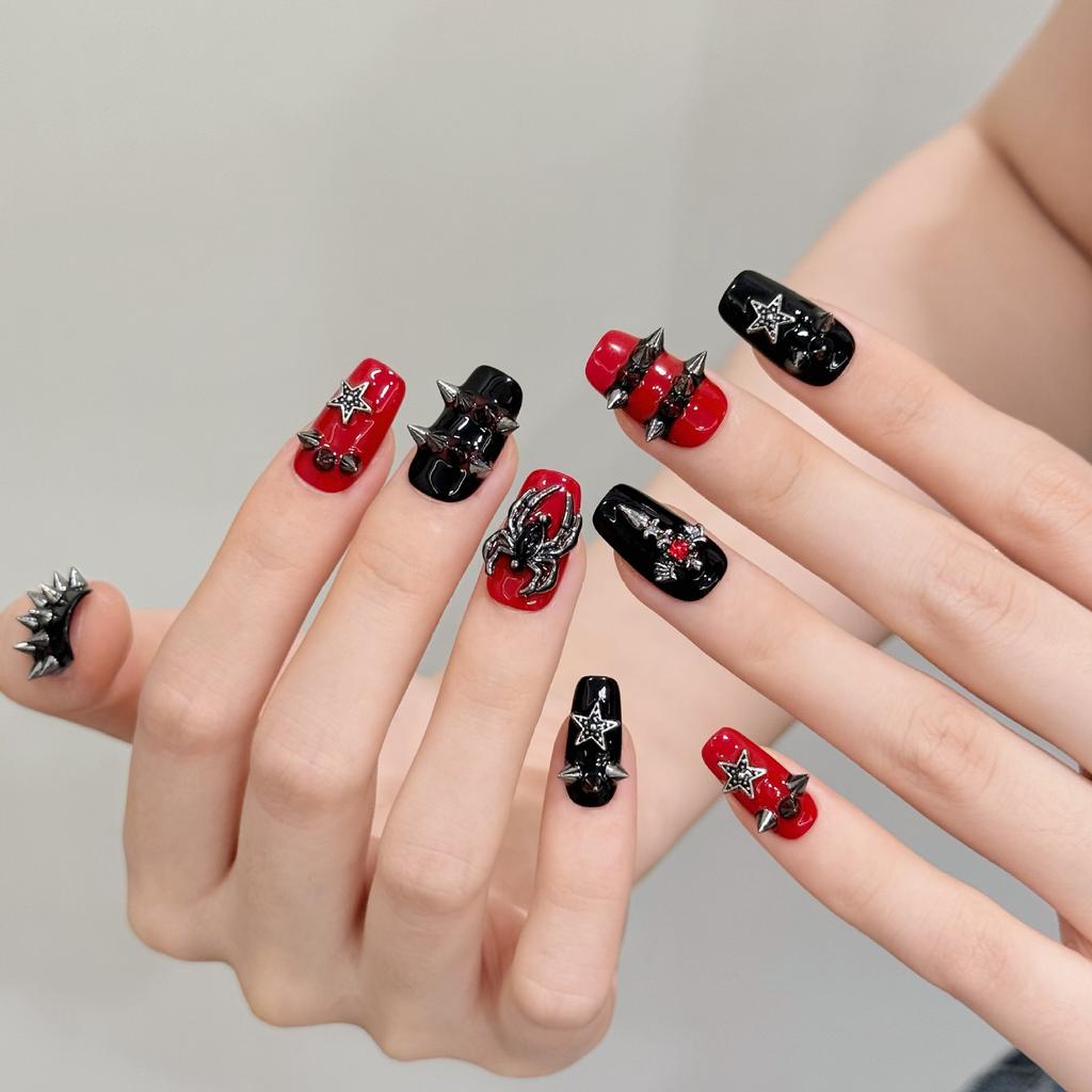 Medium Square Dark Gothic Press on Nails Punk Glossy Reusable Gel Press on Acrylic Glue on Fake Nail Reusable Full Cover Stick on Nails for Women