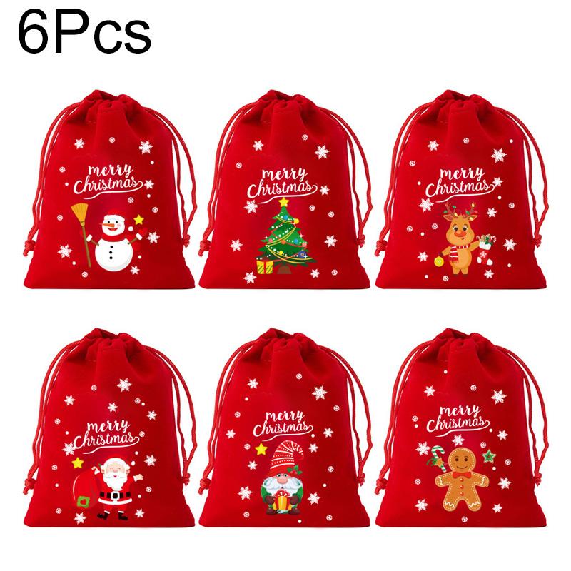 

6/8/12 шт. Упаковочные пакеты 2025 Пакет для конфет Красный Зеленый Рождественский Для подарков на вечеринку Бархатный Мультяшный узор Затягивающийся шнурок Подарочные пакеты 6PCS