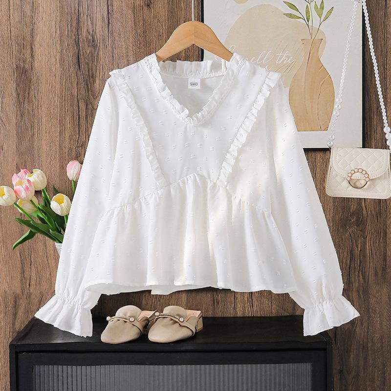 

Рубашка для девочек Трансграничная детская одежда 2025 Осень Европейская и американская новинка Кружевная с оборками V-образный вырез Длинный рукав Повседневный топ 12Y белый