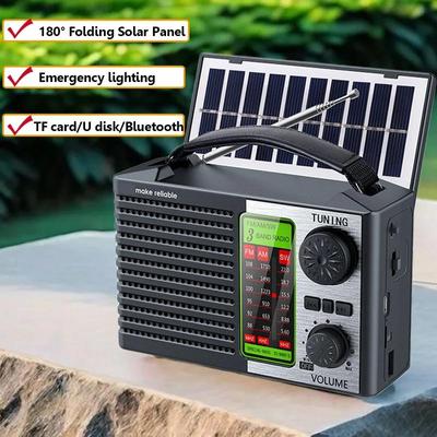 Tragbares Vollbandradio mit Solarbetrieb, FM, AM, SW-Radios, kabelloser Bluetooth-Musik-Player mit starkem LED-Licht, wiederaufladbarer Akku