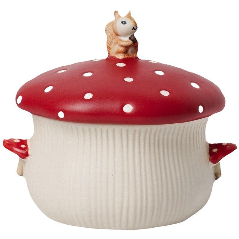 Affascinante Set di Stoviglie in Ceramica a Forma di Fungo Rosso: Tazza, Piatto da dessert, Ciotola da riso, Ciotola per noodles, Insalatiera e Cucchiaio