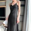 Damen Midikleid Satin Spaghettiträger V-Ausschnitt Basic Ärmellos Zum Ausgehen Rückenfrei Hohe Taille Elegant Dame Sommerkleid Damen Kleidung