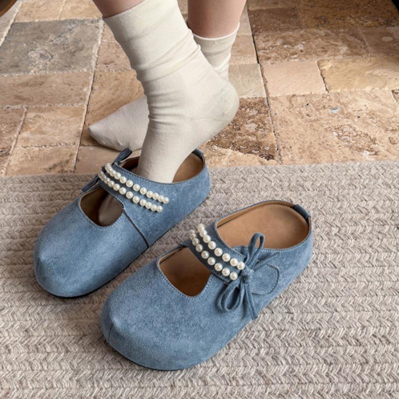 Fashion Flat Shoes Women Fashion Round Head Shallow Mouth Suede Beaded Butterfly Knot Soft Sole Anti-slip Wear Slippers